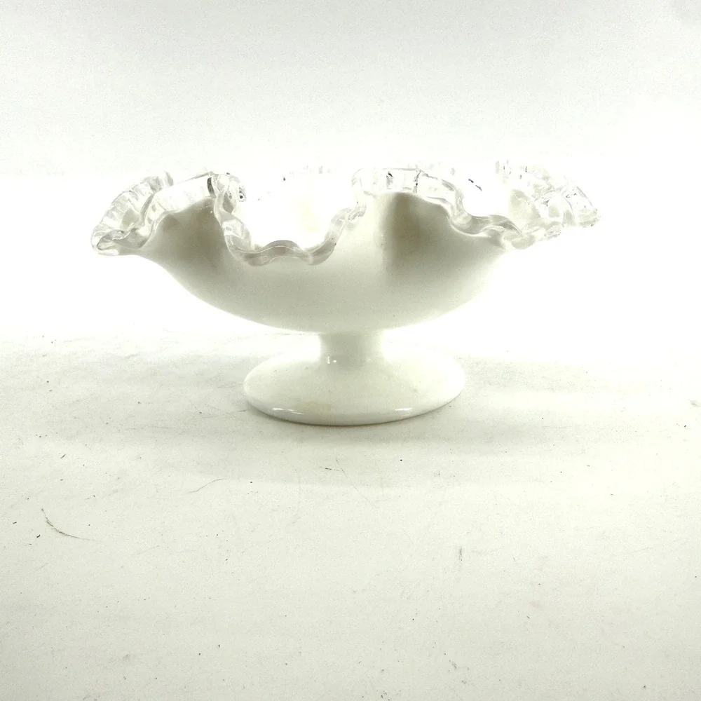 Vtg Fenton Silver Crest Milk Glass Compote Bowl Ruffled Edge Pedestal Candy Dish